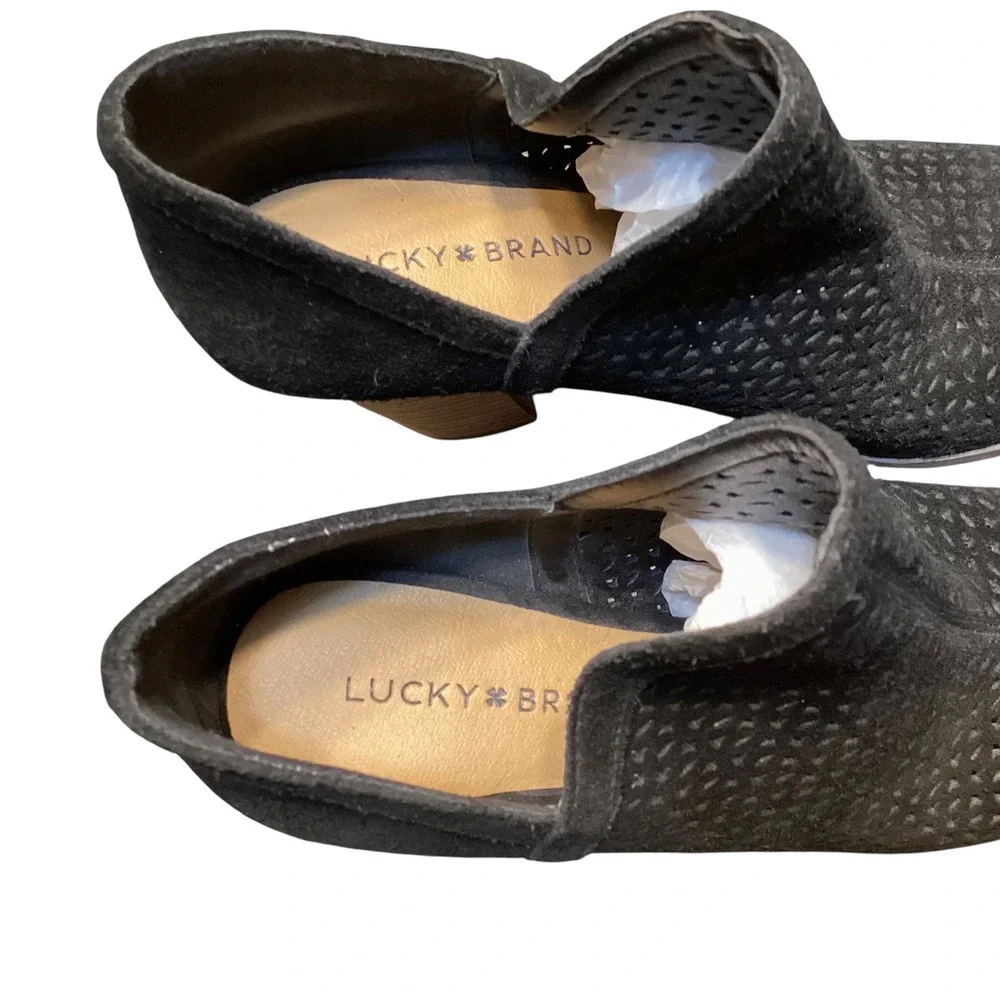 Lucky Brand Livey Black Suede Perforated Open Toe Block Heel Booties 8M Boho EUC